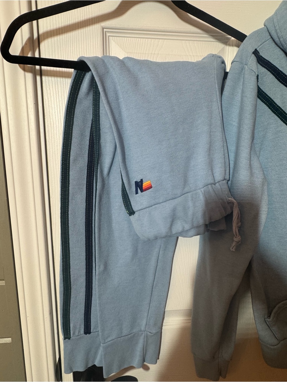 Aviator Nation Light Blue Hoodie and Track Pant SET with Navy & Forest Stripes - Picture 5 of 6